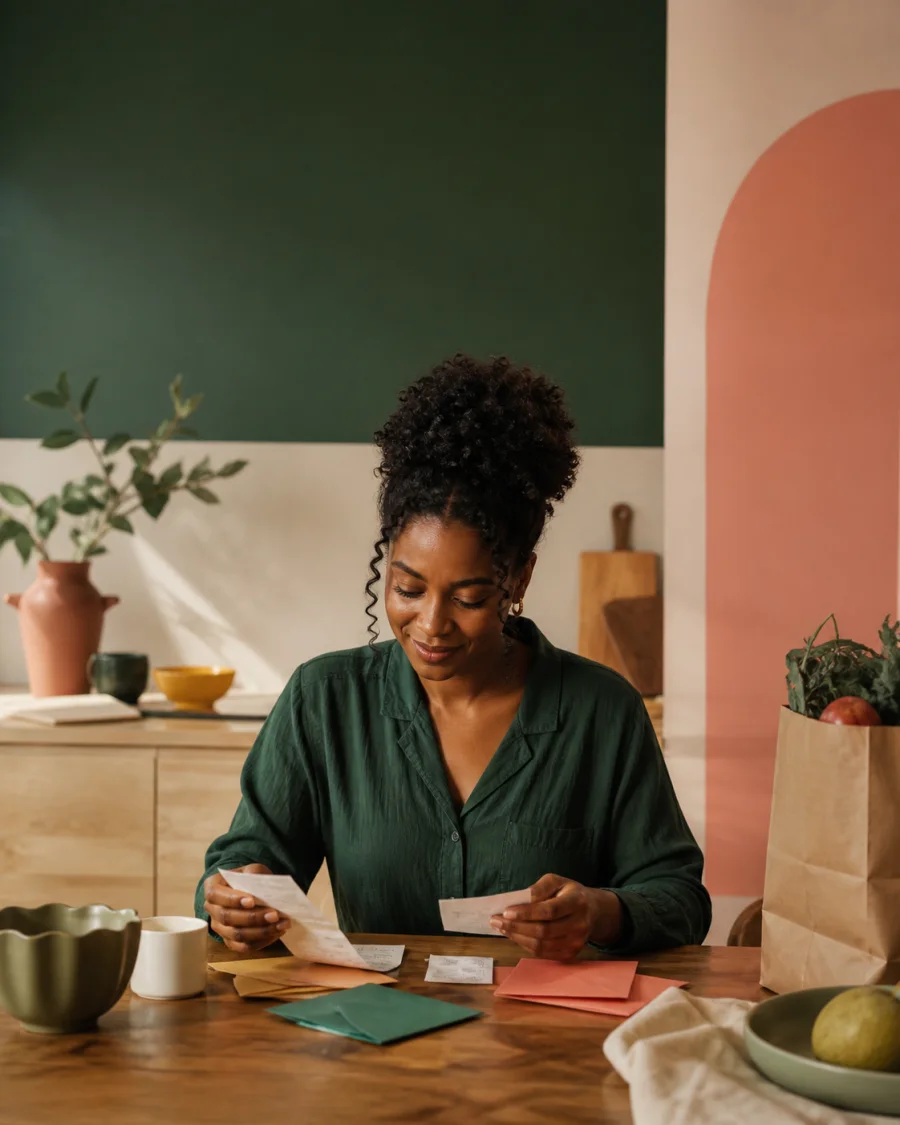 A woman calmly sorting household receipts and envelopes at a kitchen table