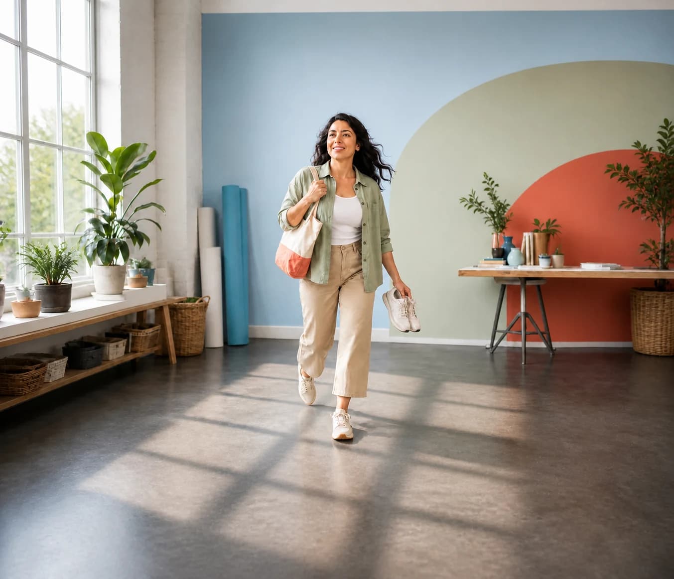 A woman moving confidently across a studio floor patterned by window light