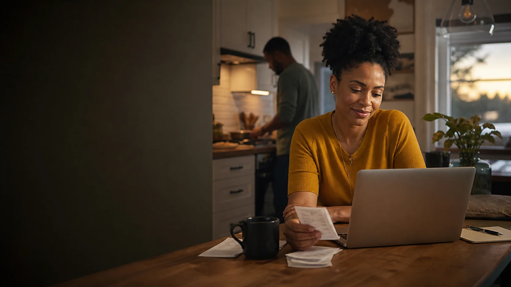A woman calmly reviewing household finances while her partner makes dinner