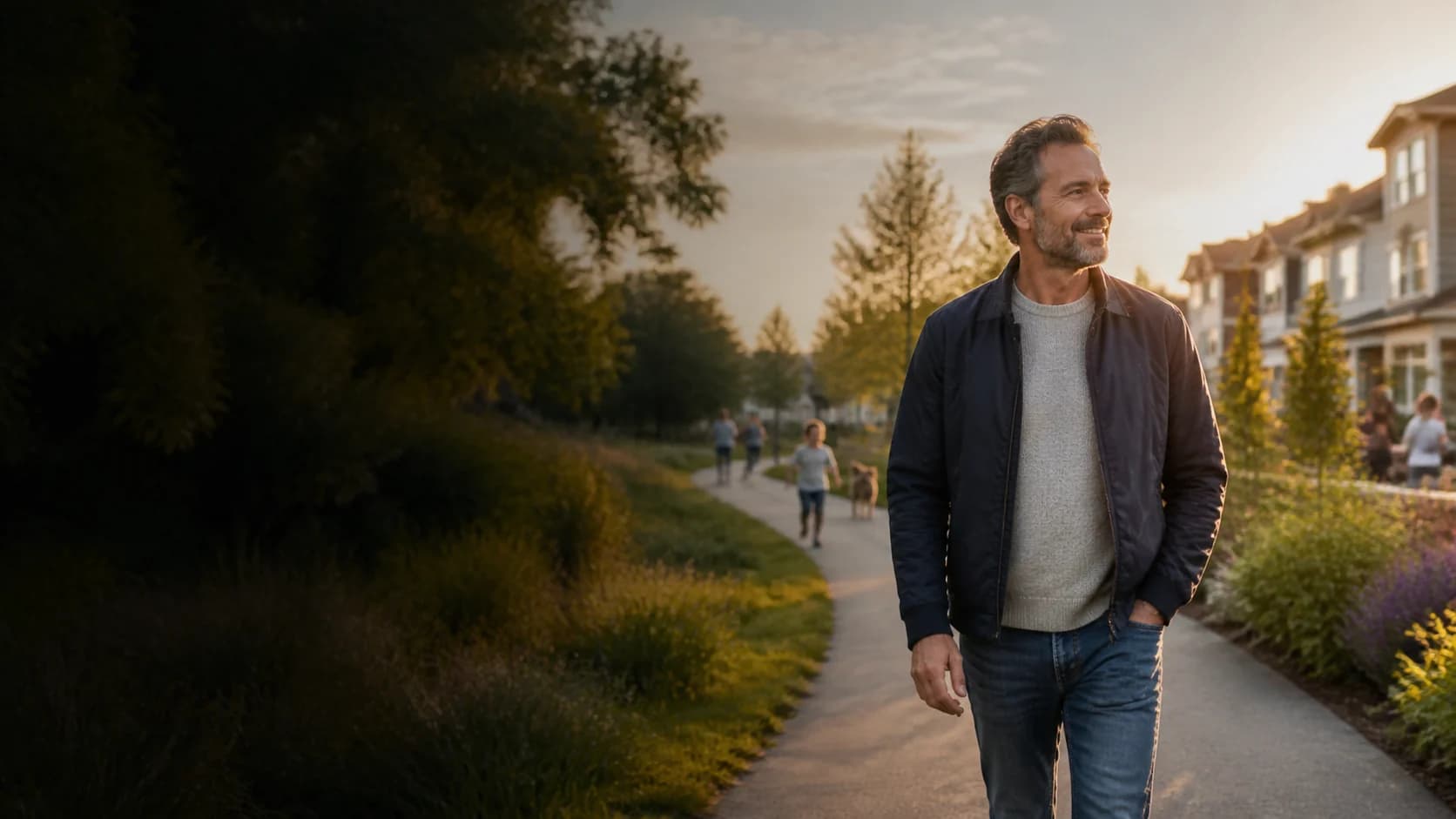 A man taking an unhurried walk through his neighborhood at golden hour