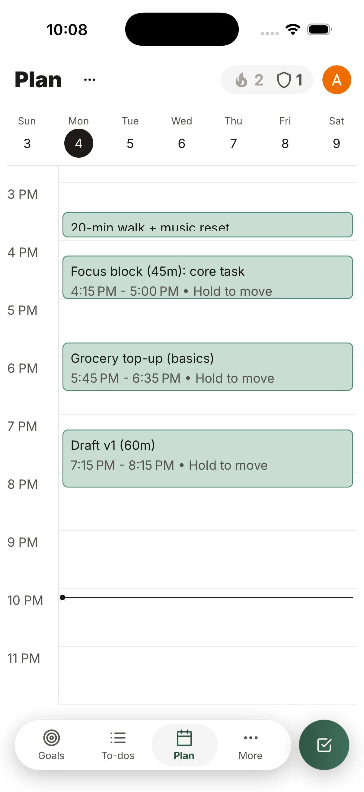 Kwilt Plan showing a realistic afternoon with a walk, focused work, groceries, and a draft