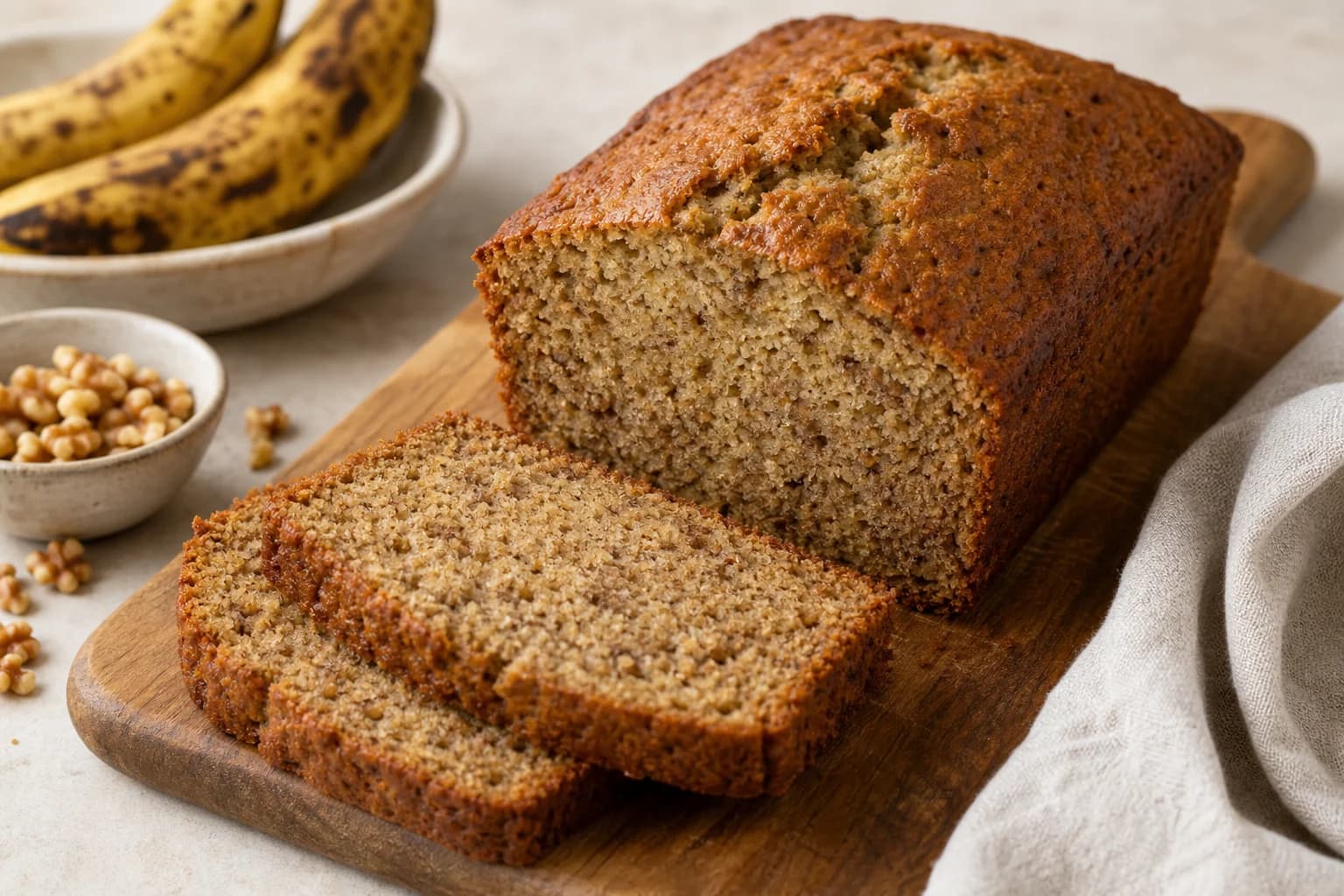 A moist golden-brown banana bread loaf with a central crack and tender crumb, partly sliced beside ripe bananas and toasted walnuts.