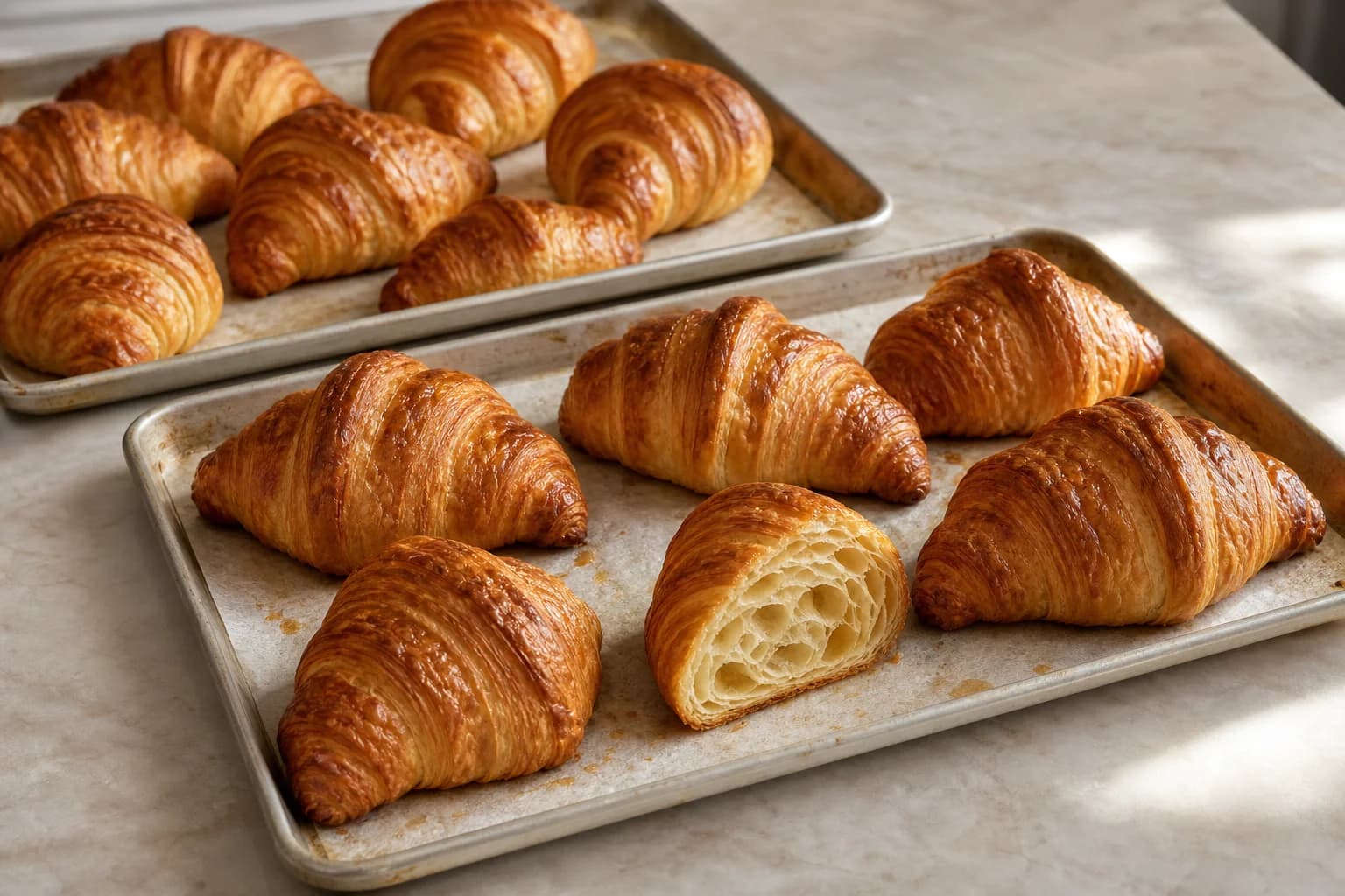 Twelve deeply golden butter croissants with crisp layered shells, one cut open to reveal an airy honeycomb crumb.