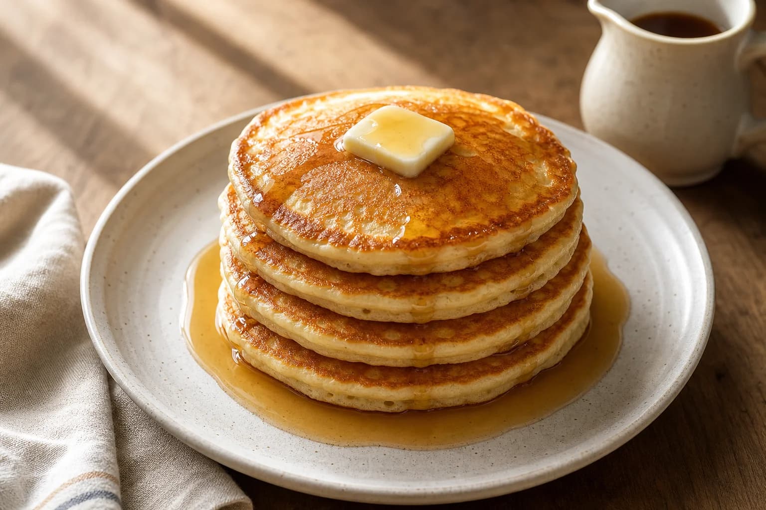 A short stack of fluffy buttermilk pancakes with evenly browned surfaces, a little butter, and warm maple syrup.