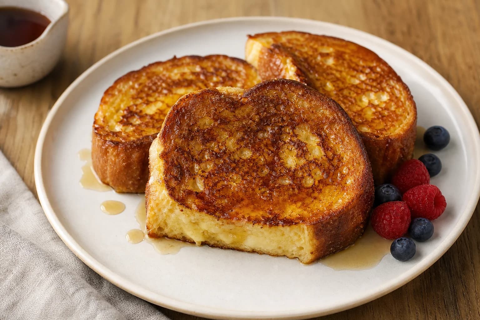 Thick custardy challah French toast with deep golden crisp surfaces, berries, and a restrained drizzle of maple syrup.