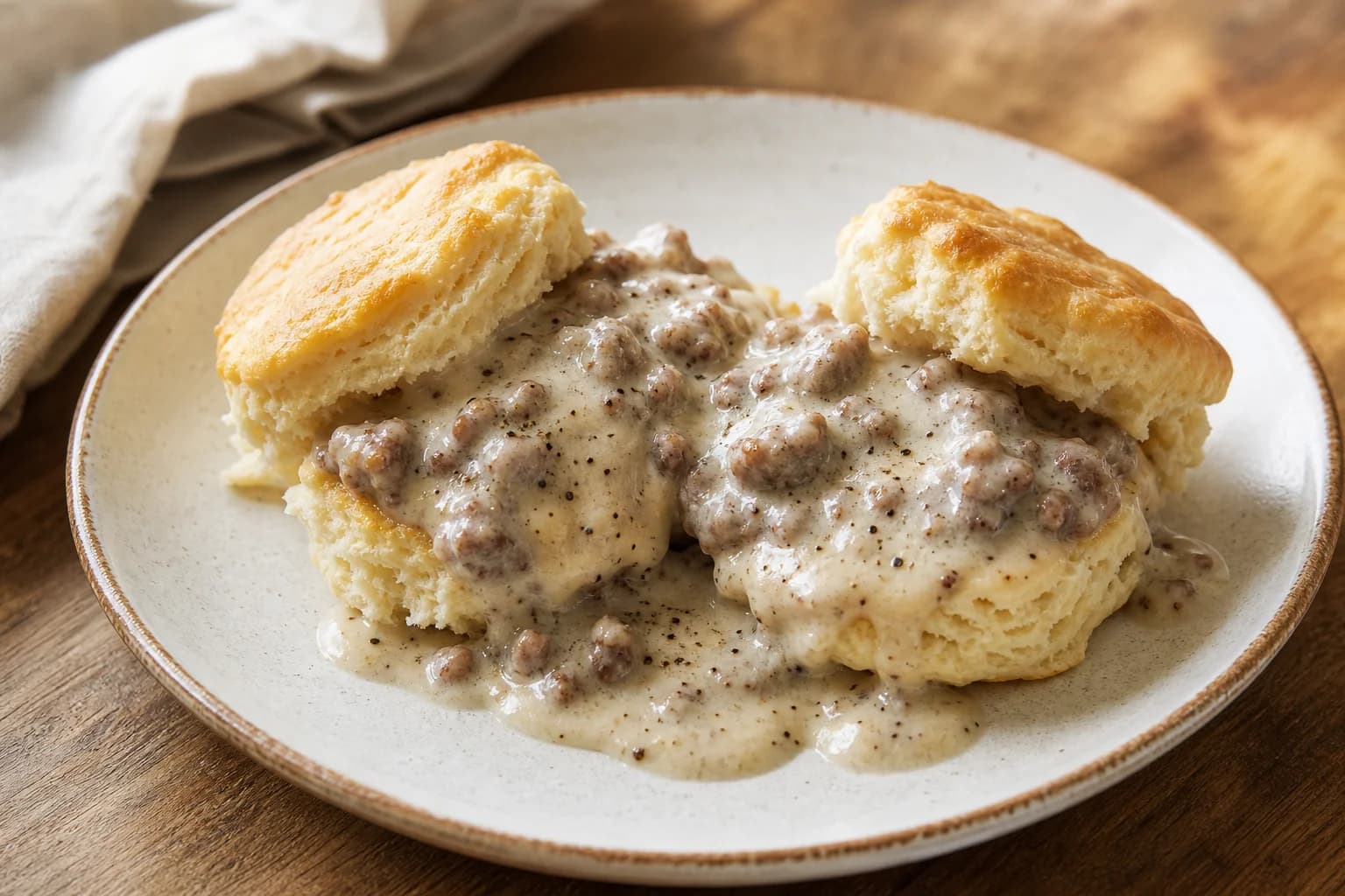 Two tall flaky buttermilk biscuits split and topped with pourable black-pepper sausage gravy.