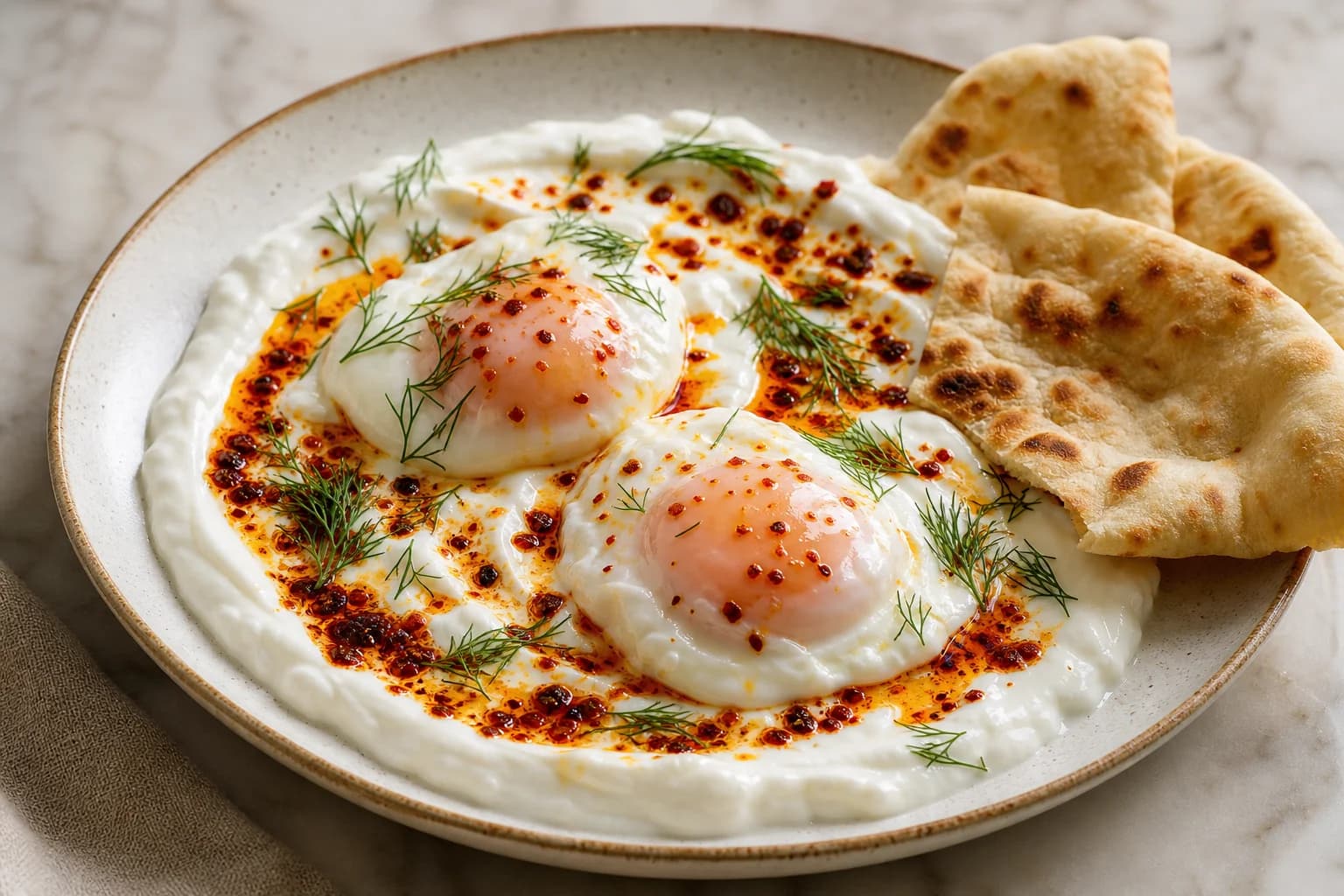 Turkish çılbır with two soft poached eggs on garlicky yogurt, streaked with red Aleppo-pepper butter and dill.