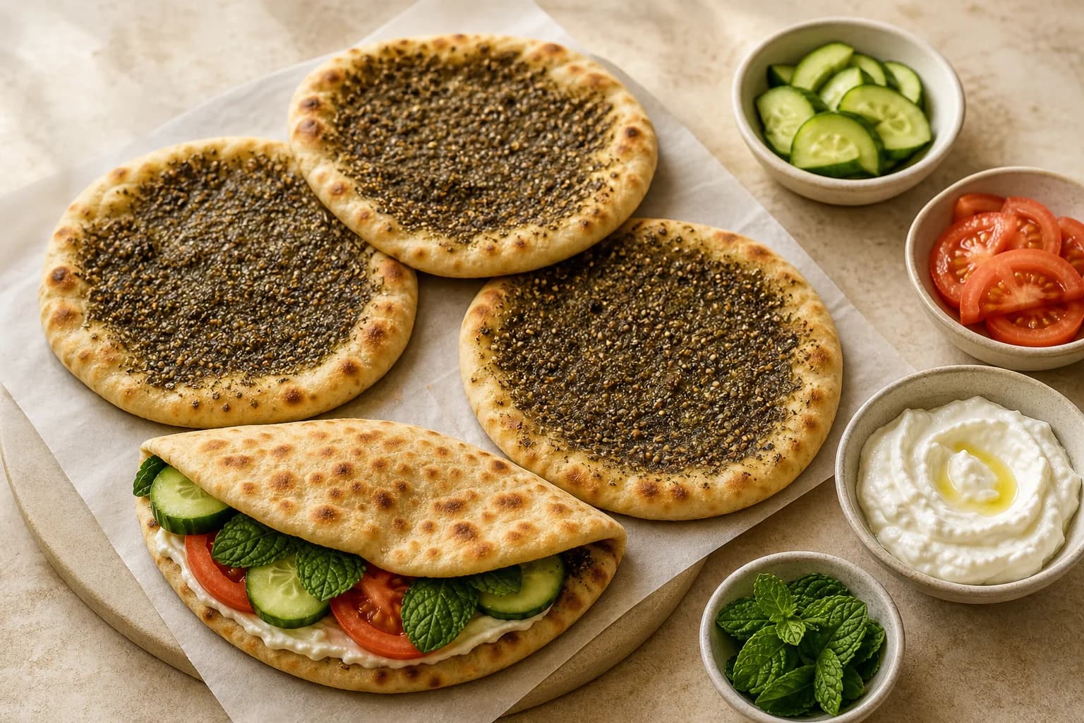 Four warm za’atar manakish flatbreads with puffed spotted rims and olive-oil herb topping, served with labneh and vegetables.