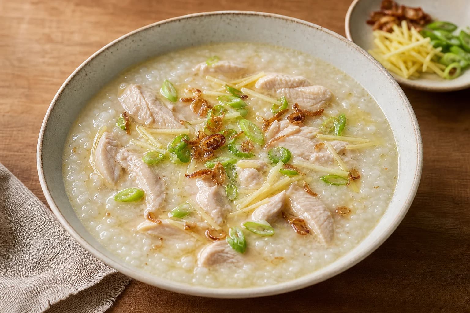 Loose chicken congee with tender ginger-marinated chicken, scallions, fried shallots, and sesame oil.