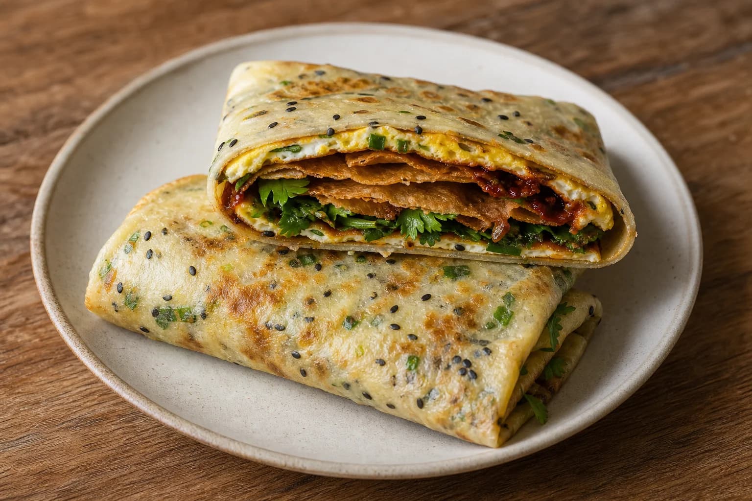 Folded jianbing breakfast crepe with egg, scallion, cilantro, sesame, chile sauce, and crisp wonton sheets.