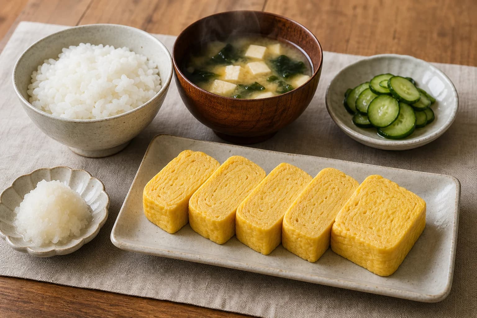 Sliced tamagoyaki with grated daikon, steamed rice, miso soup, and cucumber pickles.