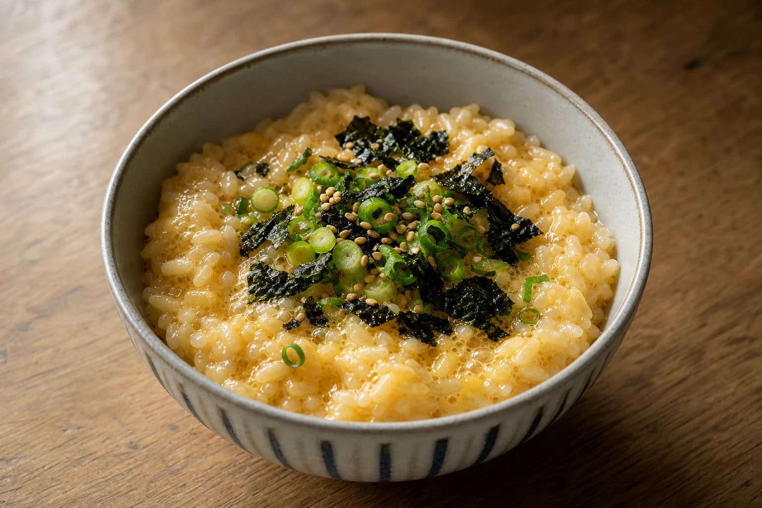 Japanese tamago kake gohan with glossy egg-coated short-grain rice, scallion, nori, sesame, and soy.