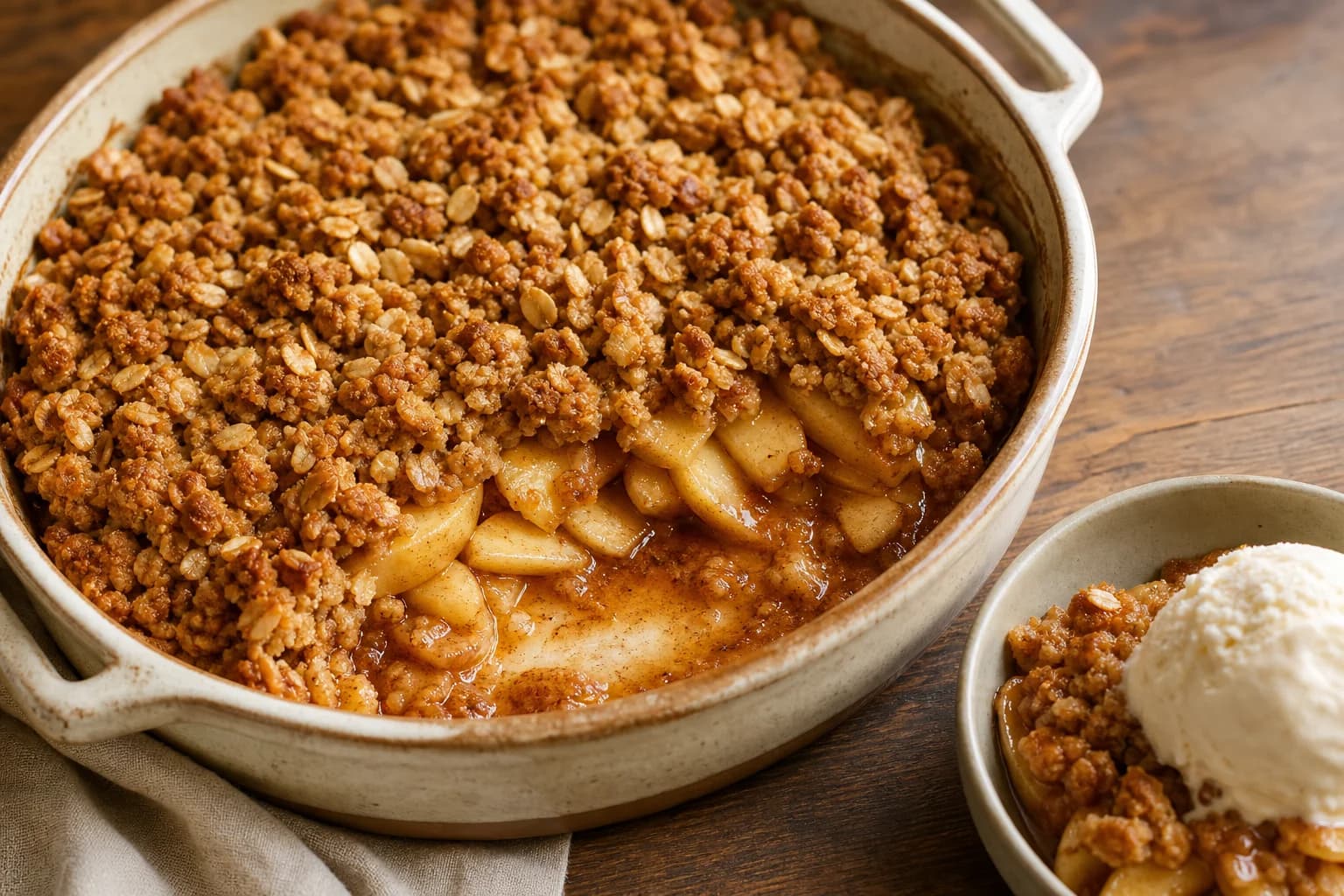 Warm cinnamon apple crisp with defined tender slices and deep-golden oat clusters.