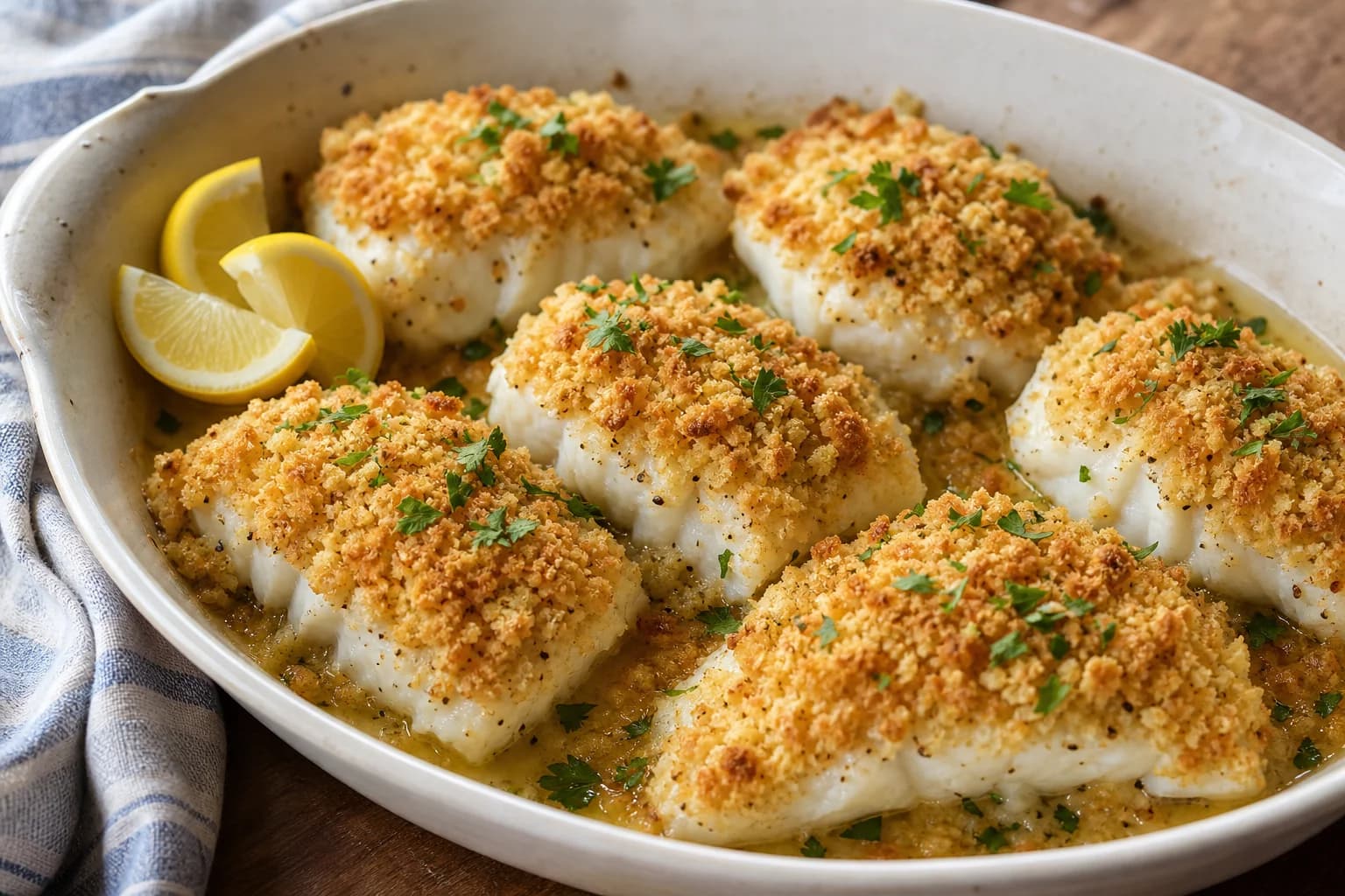 New England baked cod with moist white flakes, golden buttery cracker crumbs, parsley, lemon, and a little pan juice.