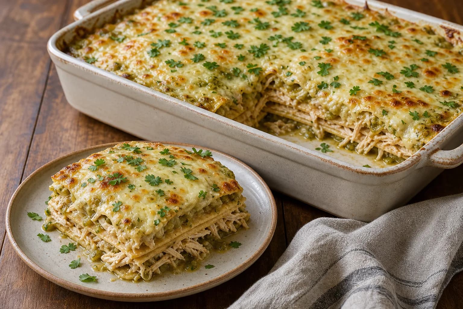 Green chile chicken enchilada bake with visible corn-tortilla layers, tender chicken, roasted chile sauce, browned cheese, and cilantro.