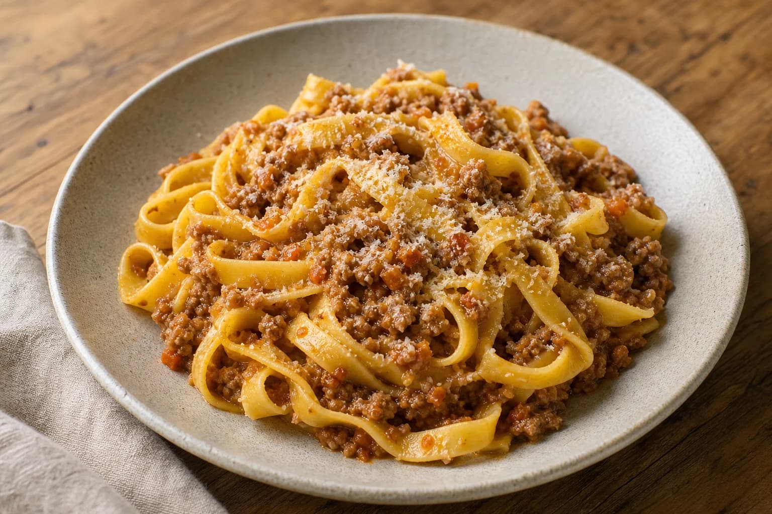 Tagliatelle alla bolognese with broad egg noodles coated in rich meat ragù and Parmigiano-Reggiano.