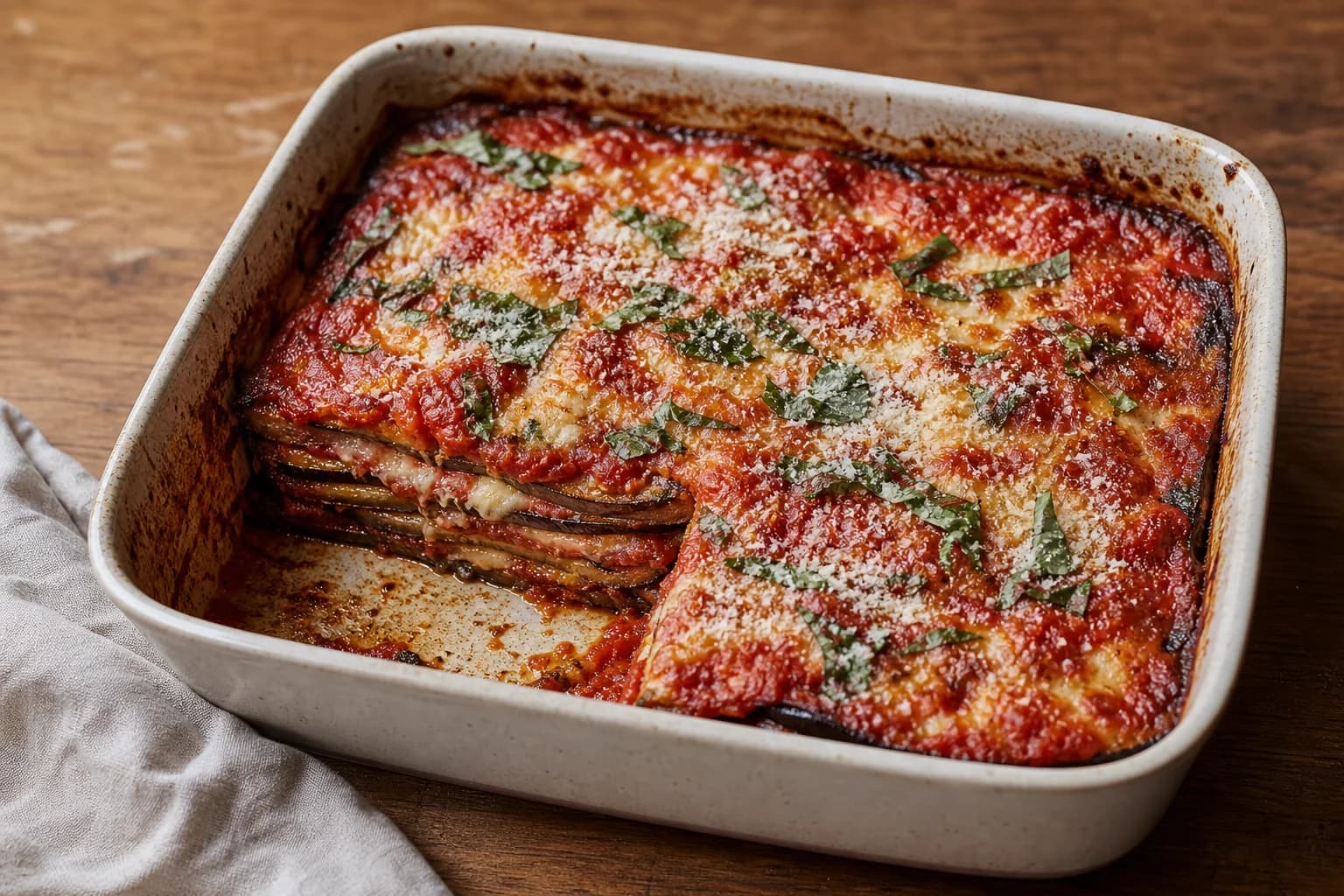 Eggplant parmigiana with four thin layers of fried eggplant, concentrated tomato, basil, mozzarella, and Parmigiano.