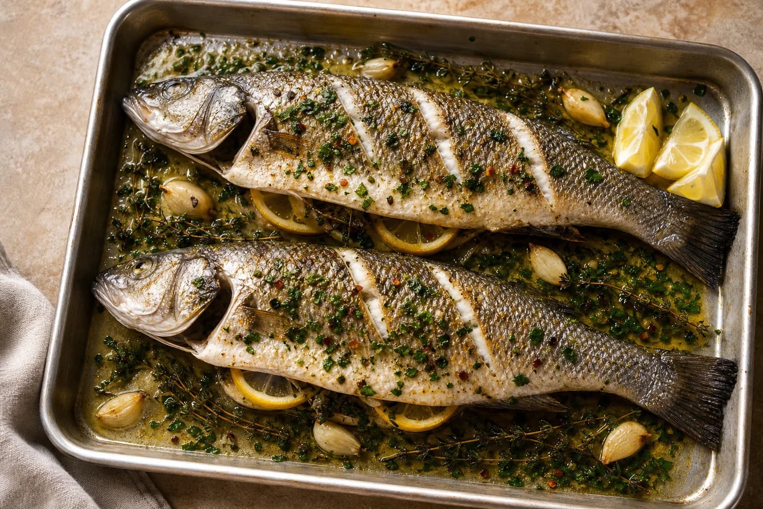 Two whole roasted branzino with scored crisp skin, lemon, garlic, thyme, parsley, and lemon oil.