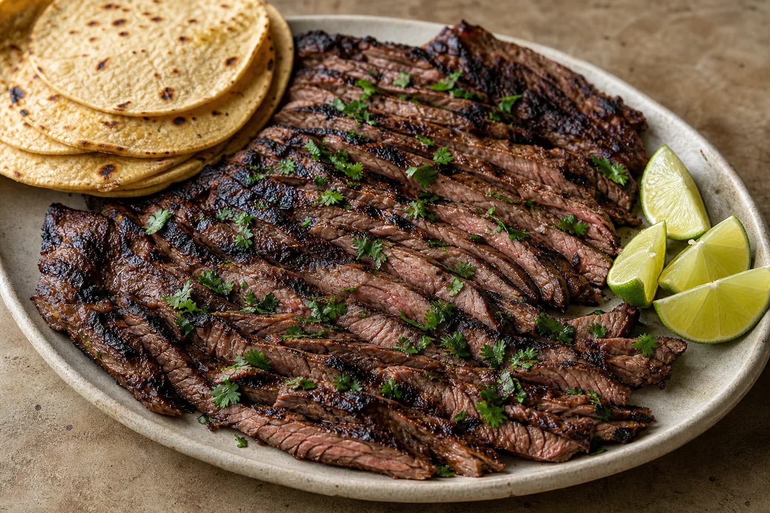 Thinly sliced carne asada with deep grill char, a juicy center, warm corn tortillas, cilantro, and lime.