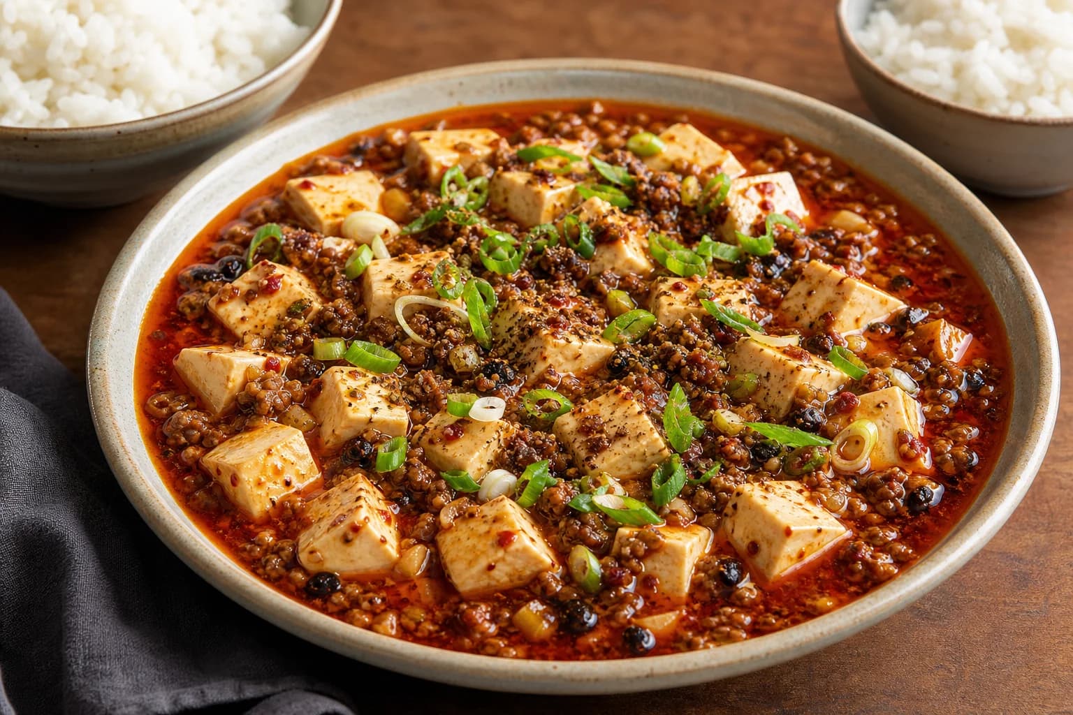 Sichuan mapo tofu with intact tender tofu cubes, crisp beef, fluid red chile-bean sauce, scallions, and ground Sichuan pepper.