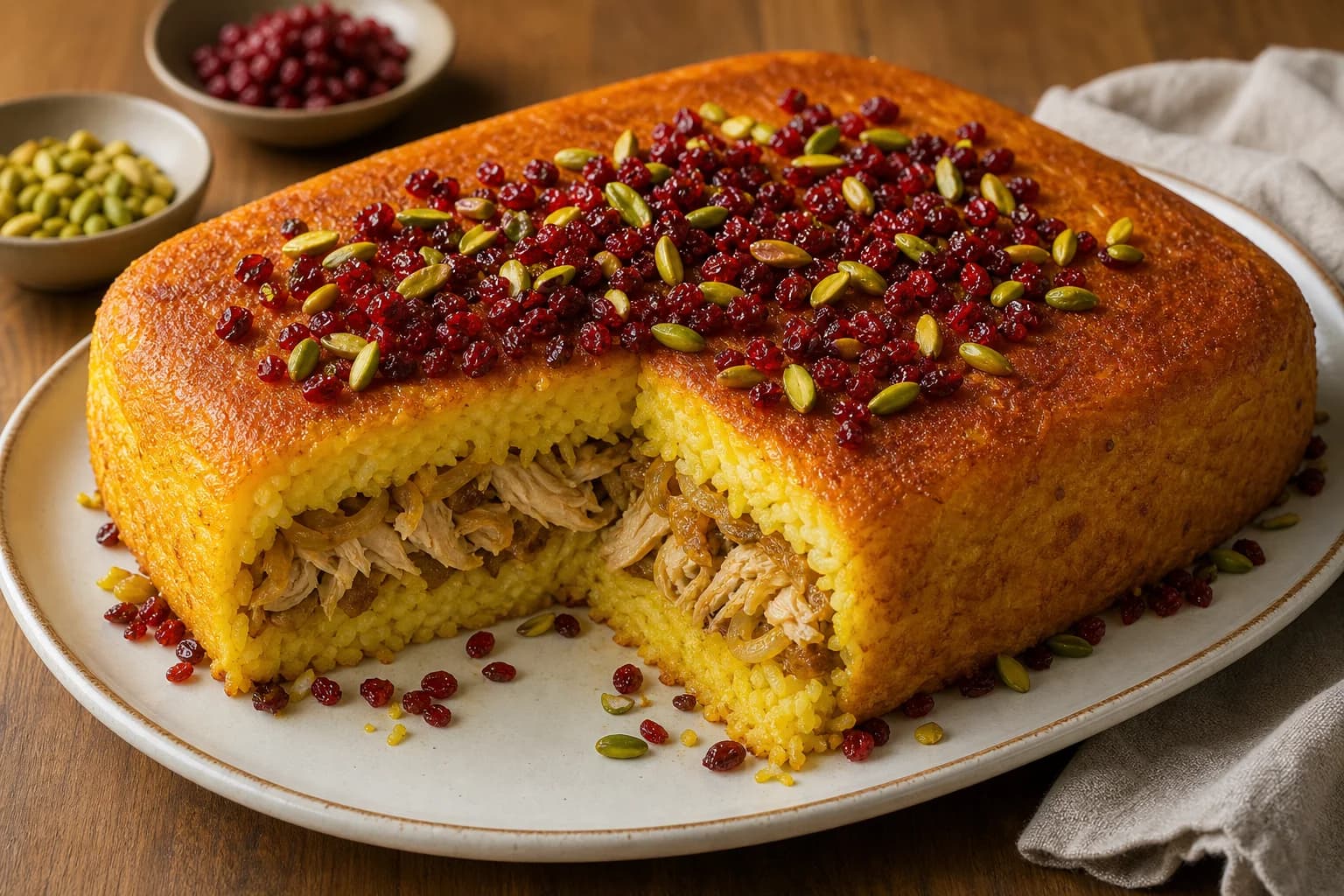 Persian tahchin inverted into a deep-golden saffron rice cake with a centered chicken filling, barberries, and pistachios.