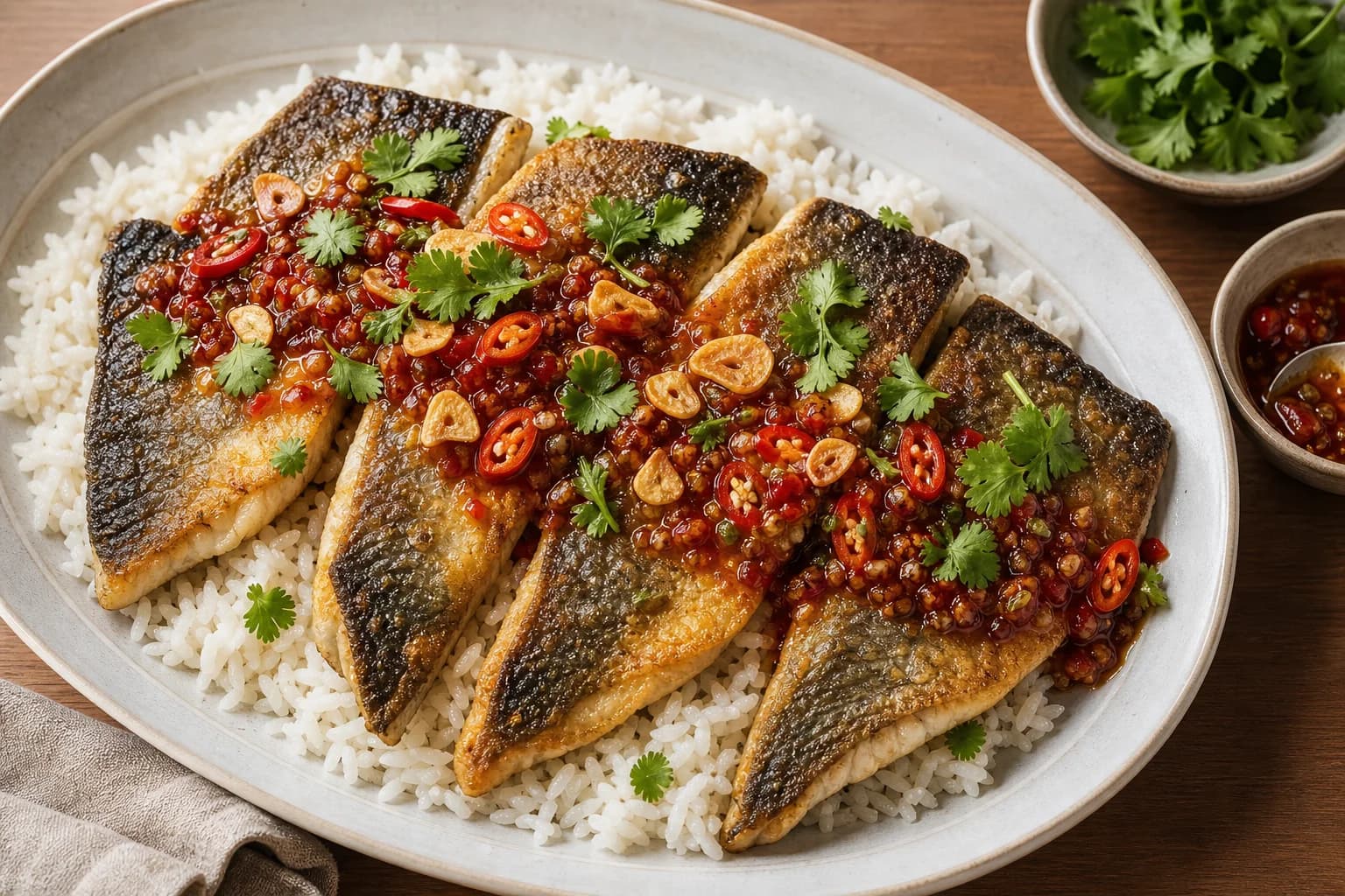Thai pla rad prik with crisp skin-on fish fillets, glossy tamarind chile-garlic sauce, fried garlic, fresh chile, cilantro, and jasmine rice.