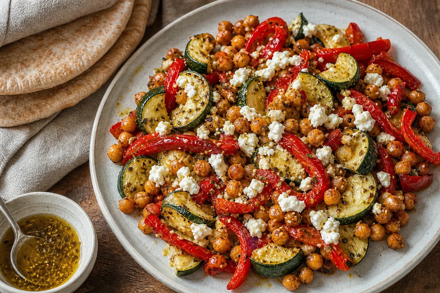 Plate of roasted chickpeas with zucchini half-moons and red bell pepper strips, topped with crumbled feta; warm whole-wheat pitas stacked beside the plate and a small bowl of herb-lemon olive oil dressing on a wooden surface.