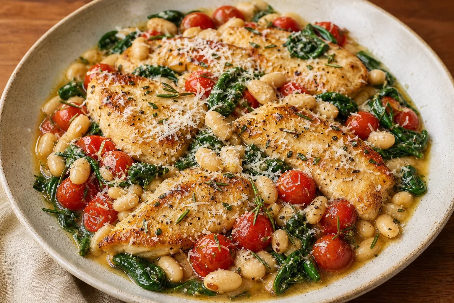 Shallow modern plate holding golden-browned chicken cutlets with cannellini beans, blistered cherry tomatoes, wilted spinach, grated Parmesan and rosemary in a glossy light sauce.