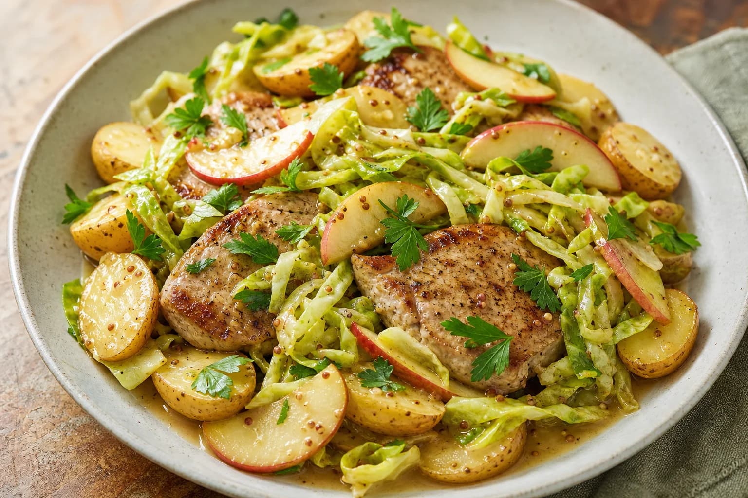 Plate of Dijon pork medallions with halved baby potatoes, thinly sliced green cabbage and apple slices tossed in a glossy mustard sauce, garnished with fresh parsley.