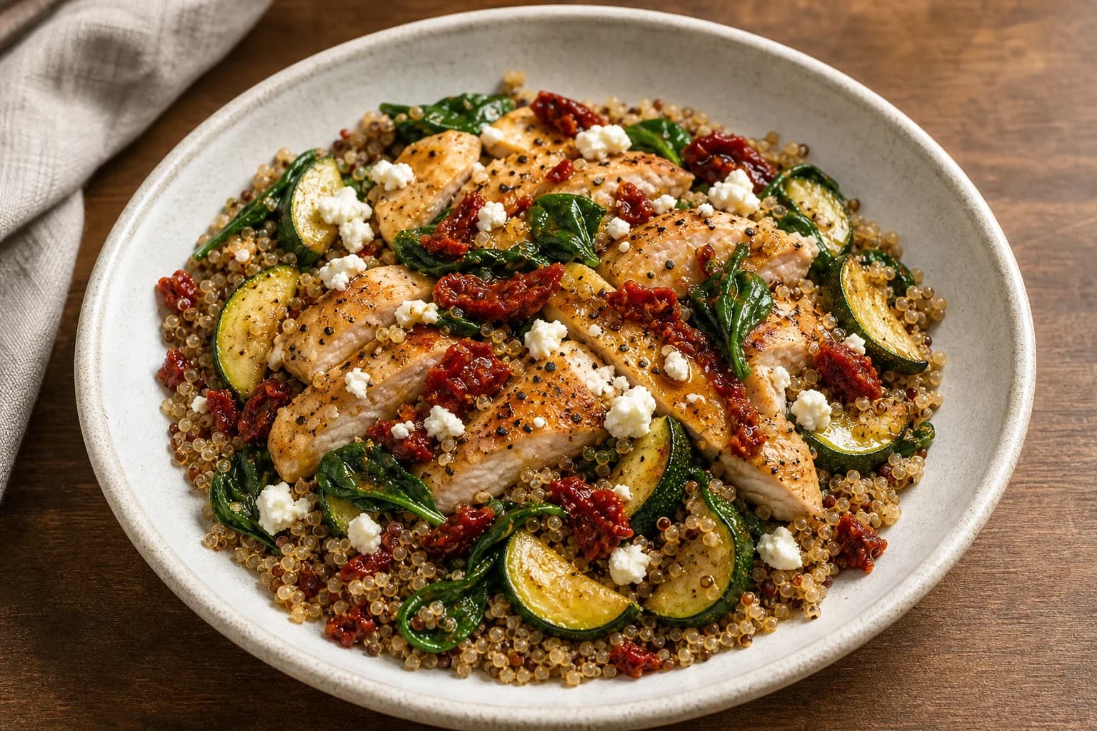 Bowl of sun-dried tomato chicken quinoa: sliced chicken breast over a quinoa base with zucchini half-moons, baby spinach, sun-dried tomato pieces and crumbled feta, plated in a shallow white bowl on a wooden surface.