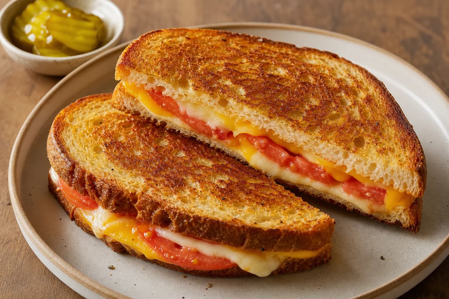 Tomato grilled cheese with deeply golden bread, fully melted cheddar and mozzarella, and one neat layer of drained ripe tomato.