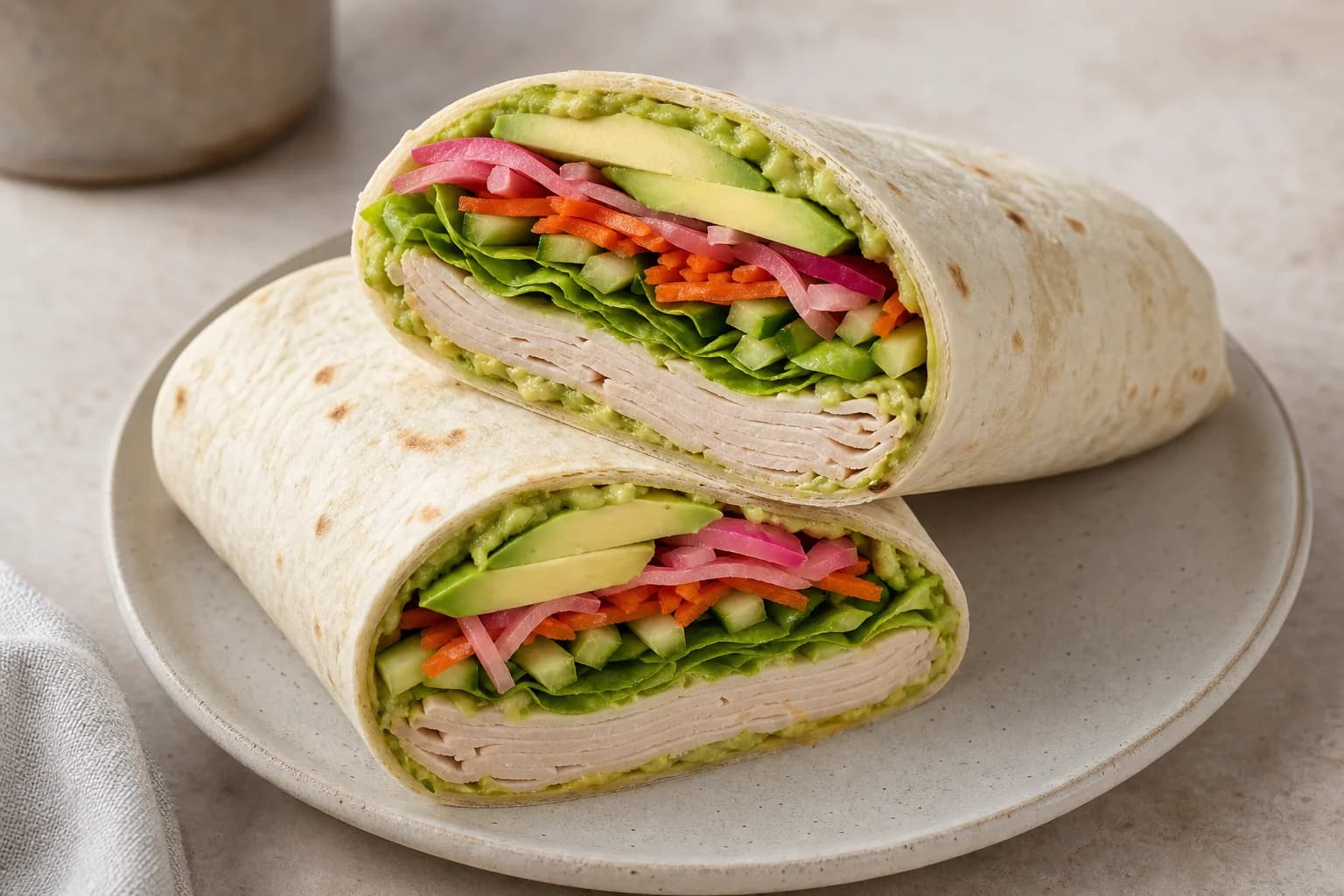 Turkey avocado wrap cut on the bias with deli turkey, avocado spread and slices, lettuce, cucumber, carrot, and lime-pickled red onion.