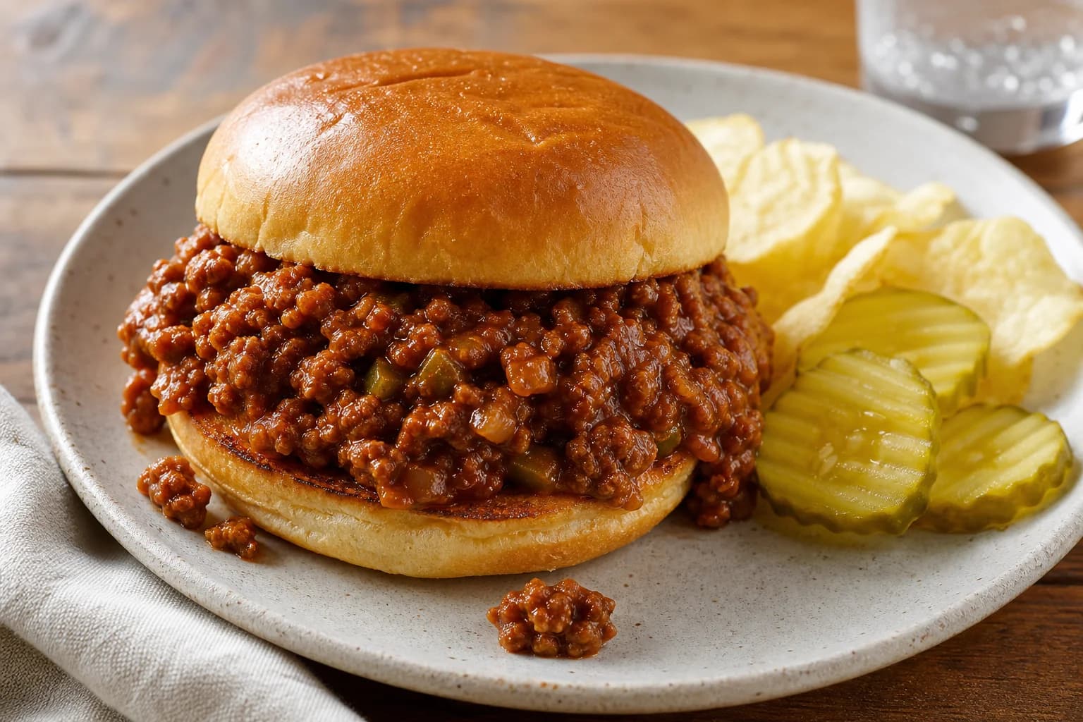 Sloppy Joe with deeply browned saucy ground beef, onion and pepper in thick sweet-tangy tomato sauce on a griddled soft bun.
