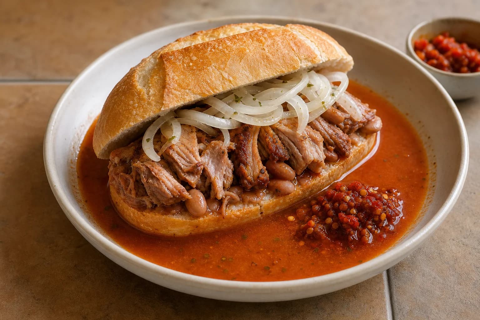 Guadalajara-style torta ahogada partially submerged in tomato sauce with carnitas, beans, pickled onion, and chile de árbol salsa.