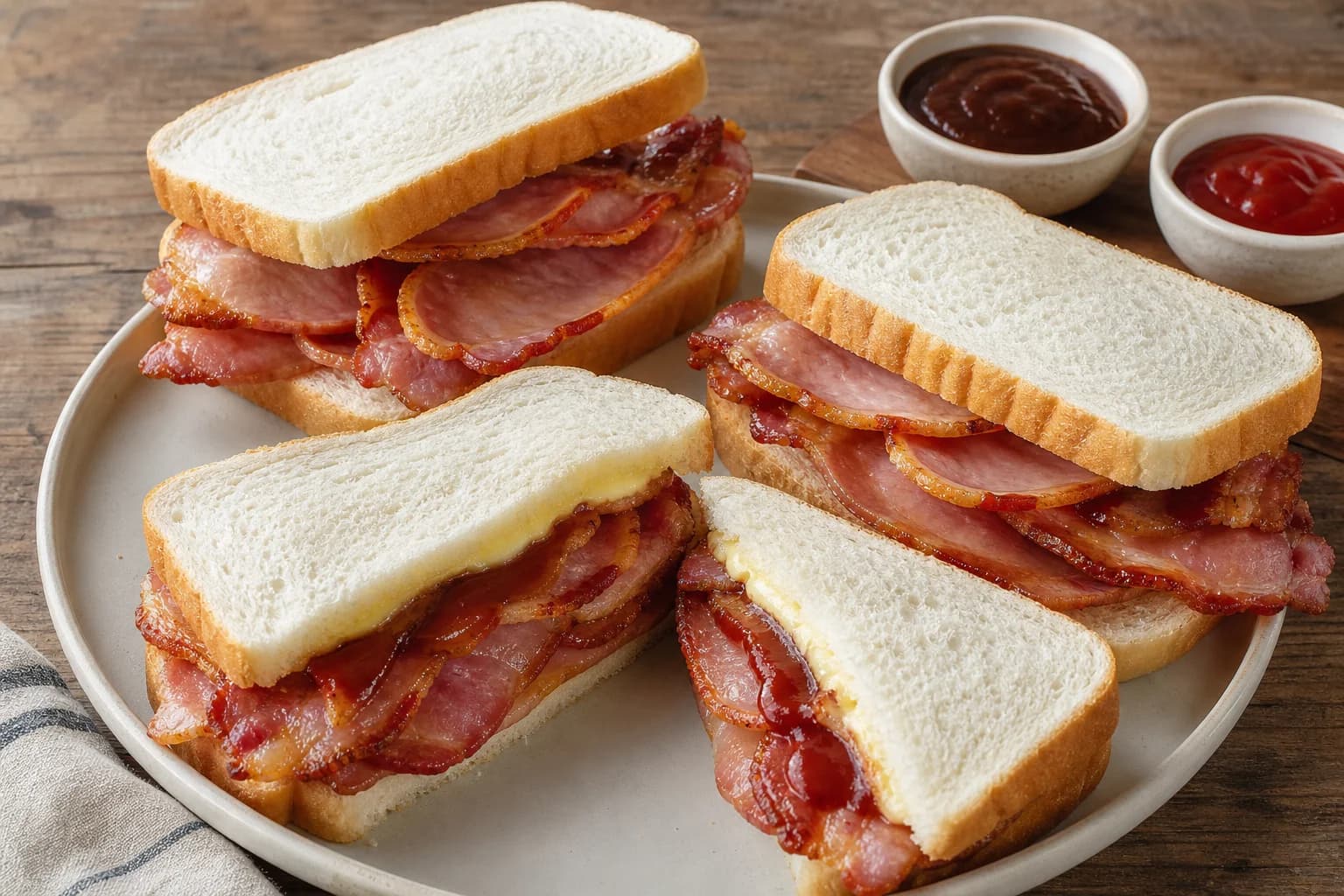 British bacon butties with hot back bacon in soft buttered white bread, brown sauce and ketchup alongside.