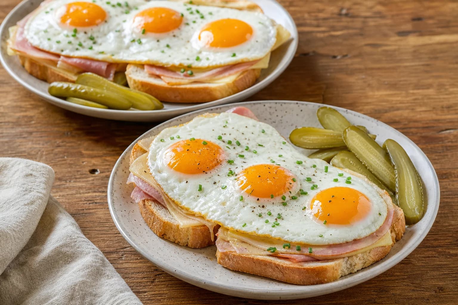 Dutch uitsmijter with open-faced buttered bread, ham, young Gouda, three sunny eggs, chives, and pickles.
