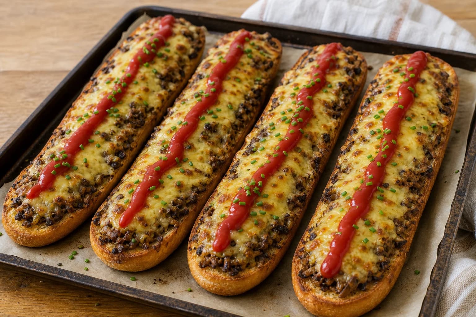 Classic Polish zapiekanka baguettes with browned mushrooms, melted Gouda, ketchup stripes, and chives.