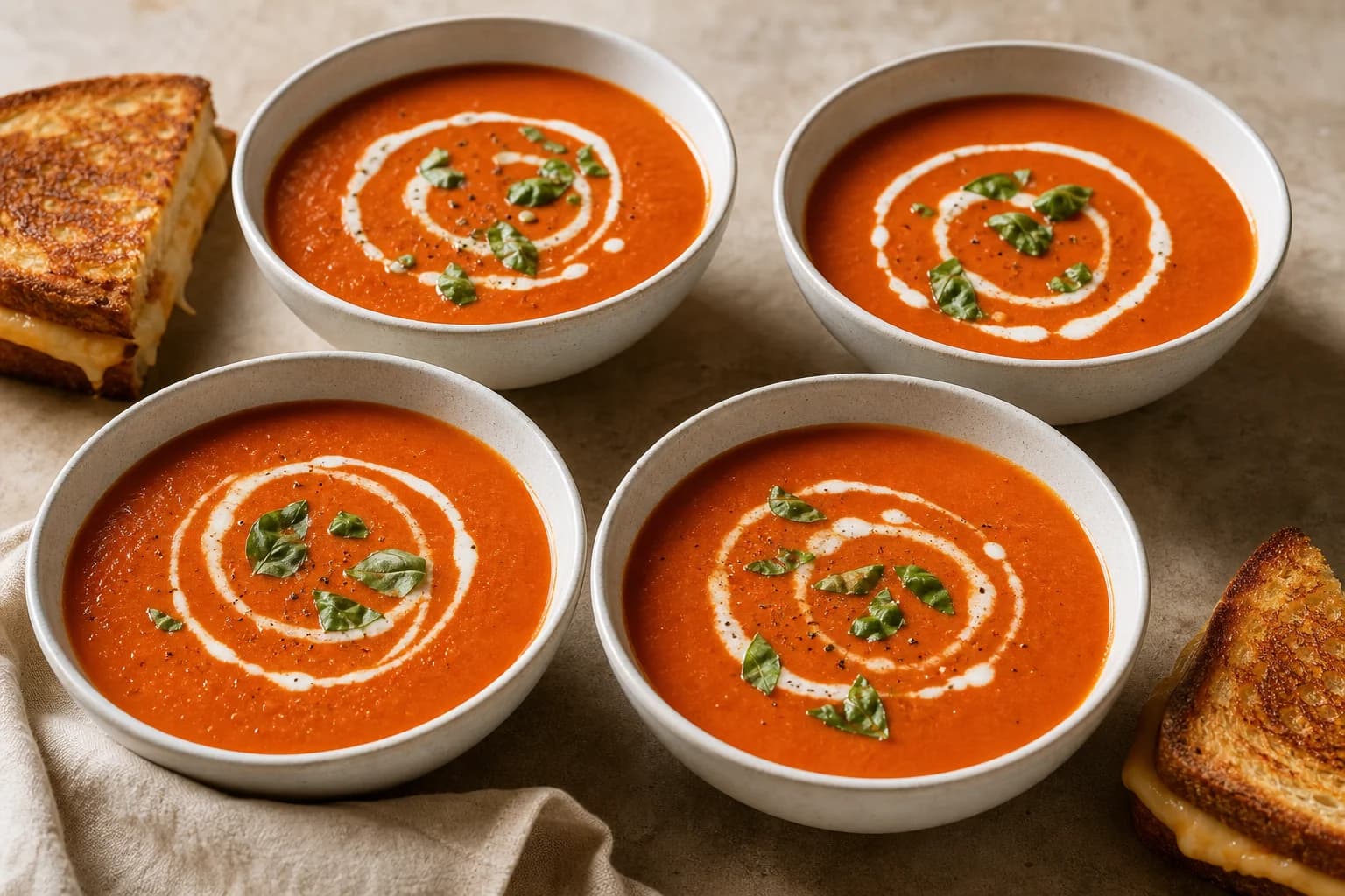Creamy roasted tomato soup with a smooth brick-red body, basil, and a restrained cream finish.